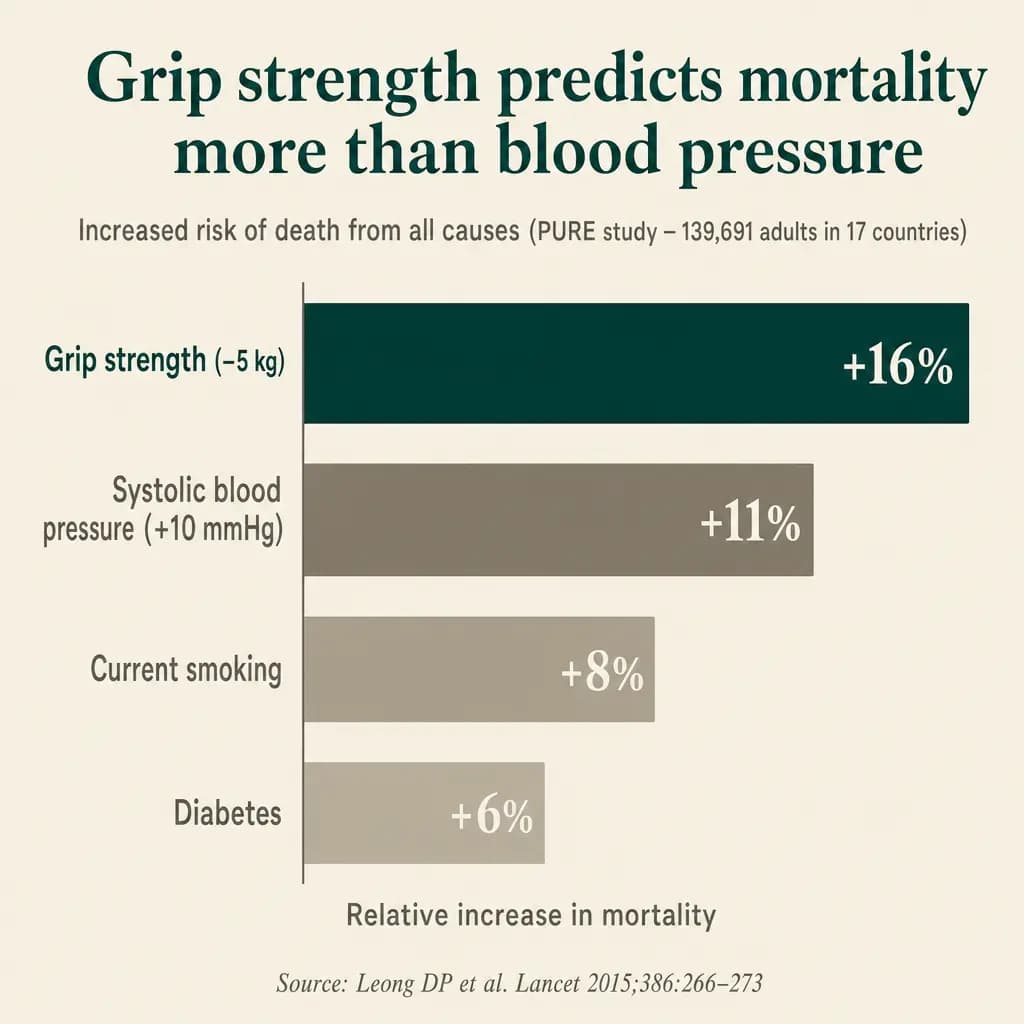 The mortality effect of falling grip strength (16% per 5 kg lost) exceeds that of systolic pressure, smoking, and diabetes. Data from 139,691 adults followed for a median of 4 years in the PURE study.