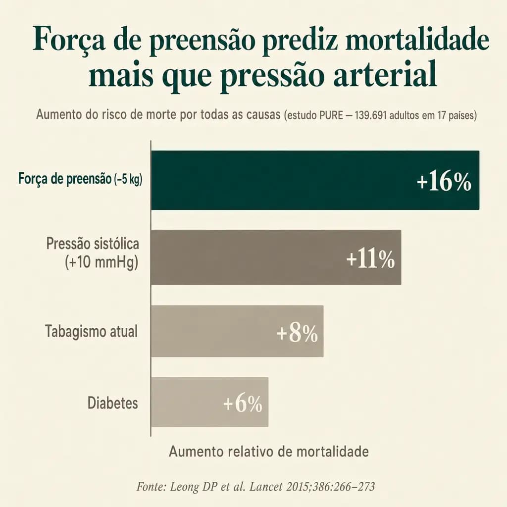 O efeito de mortalidade da queda de força de preensão (16% por 5 kg perdidos) supera o de pressão sistólica, tabagismo e diabetes. Dados de 139.691 adultos seguidos por mediana de 4 anos no estudo PURE.