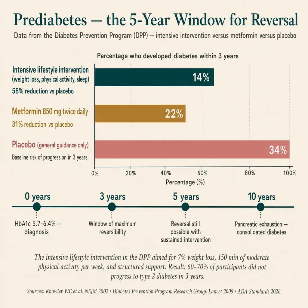 Result of the Diabetes Prevention Program (DPP, NEJM 2002): in 3 years, 14% of the intensive intervention group (7% weight loss, 150 min/week of activity) progressed to diabetes, vs. 22% in the metformin group and 34% in placebo. Risk reduction of 58% with intervention, 31% with metformin. The window of maximum reversibility is 3–5 years from diagnosis.
