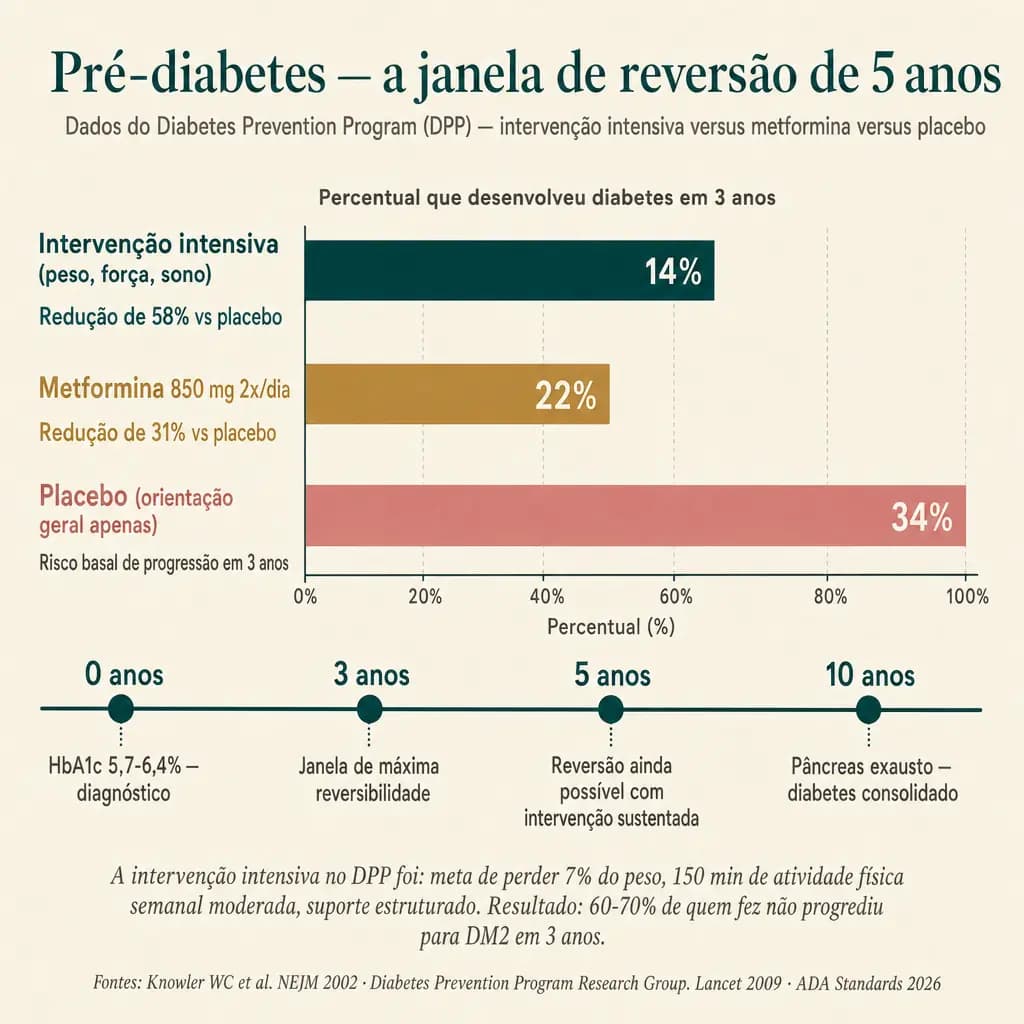 Resultado do Diabetes Prevention Program (DPP, NEJM 2002): em 3 anos, 14% do grupo intervenção intensiva (perda de 7% do peso, 150 min/sem de atividade) progrediu para diabetes, contra 22% no grupo metformina e 34% no placebo. Redução de 58% no risco com intervenção, 31% com metformina. A janela de máxima reversibilidade é de 3-5 anos a partir do diagnóstico.