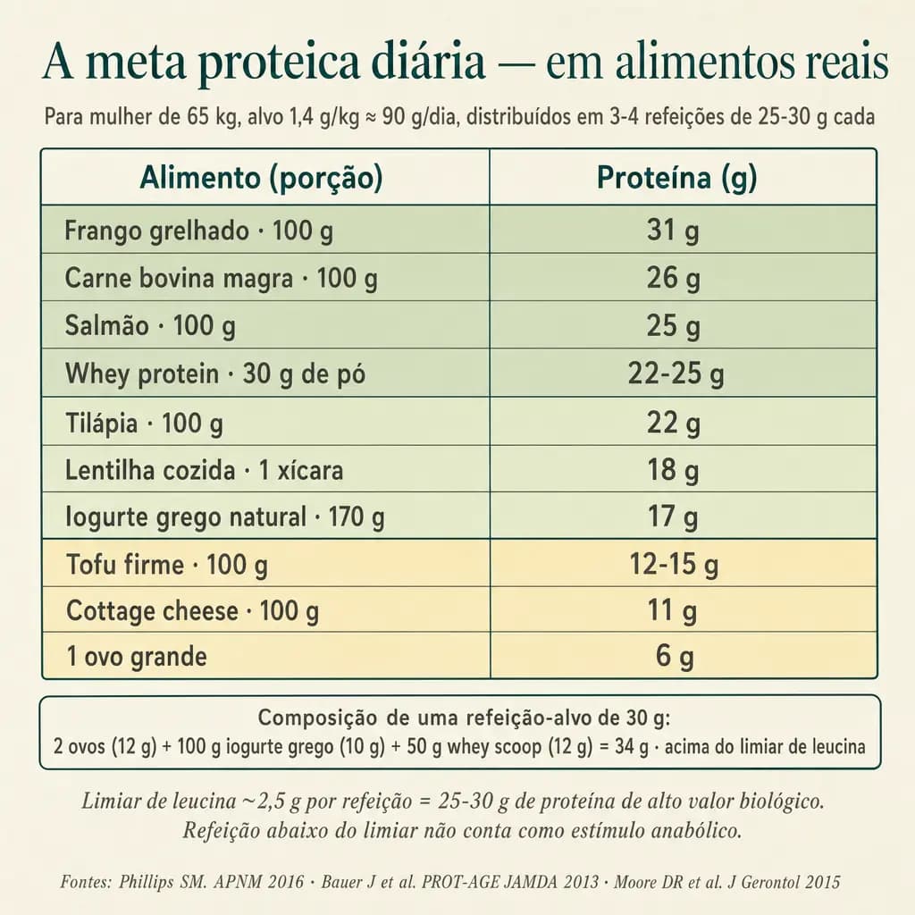Tabela prática de proteína por porção em alimentos reais: frango grelhado 100g (31g), carne magra 100g (26g), salmão 100g (25g), whey 30g (22-25g), iogurte grego 170g (17g), lentilha 1 xícara (18g), 1 ovo (6g). Limiar de leucina ~2,5g/refeição = 25-30g de proteína de alto valor biológico: refeição abaixo do limiar não conta como estímulo anabólico.