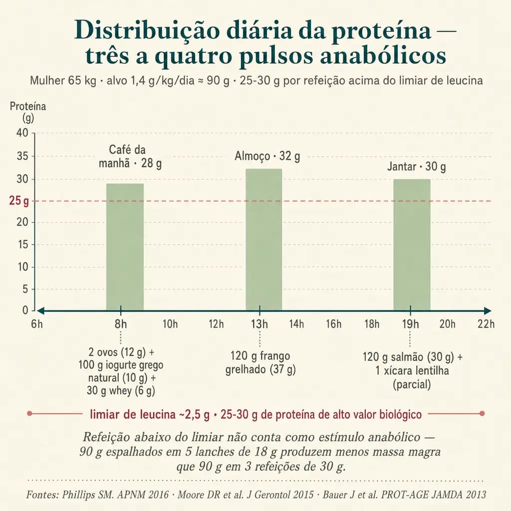 Distribuição diária da proteína em 3 pulsos anabólicos para mulher de 65 kg (alvo 1,4 g/kg = ~90 g/dia): café da manhã 28 g (2 ovos + iogurte grego + whey), almoço 32 g (frango grelhado), jantar 30 g (salmão + lentilha). Cada refeição acima do limiar de leucina (~25-30 g de proteína de alto valor biológico). 90 g espalhados em 5 lanches de 18 g produz menos massa magra que 90 g em 3 refeições de 30 g.