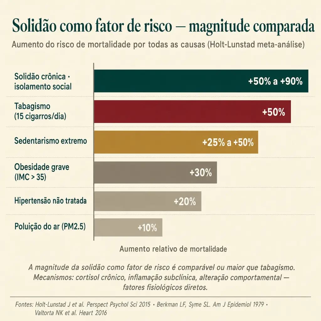 Magnitude comparada da solidão e isolamento social como fator de risco de mortalidade por todas as causas: o efeito (+50% a +90%) iguala ou supera tabagismo de 15 cigarros/dia, sedentarismo extremo, obesidade grave e hipertensão não tratada. Mecanismos: cortisol crônico, inflamação subclínica, alteração comportamental, fatores fisiológicos diretos.