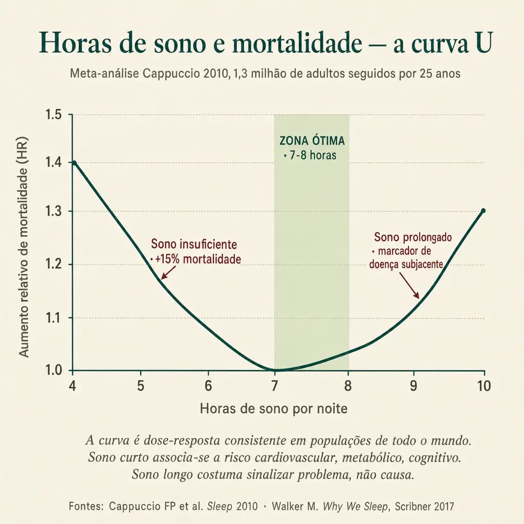 Curva U de mortalidade por todas as causas em função das horas de sono por noite (Cappuccio 2010, meta-análise de 1,3 milhão de adultos seguidos por 25 anos). A zona ótima é 7-8 horas. Sono insuficiente (<6h) eleva mortalidade ~15%. Sono excessivamente longo (>9h) também eleva, geralmente como marcador de doença subjacente.