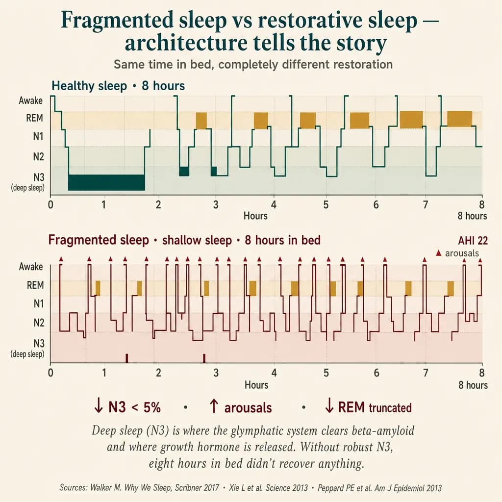 Comparison of hypnograms: healthy sleep (top) with robust N3 deep sleep in the first 2 hours and growing REM cycles in the second half. Apnea-fragmented sleep (bottom) with N3 reduced to <5% of total, multiple micro-arousals, and truncated REM. Deep sleep is when GH is released and when, in animal models, the peak of cerebral glymphatic clearance is observed.