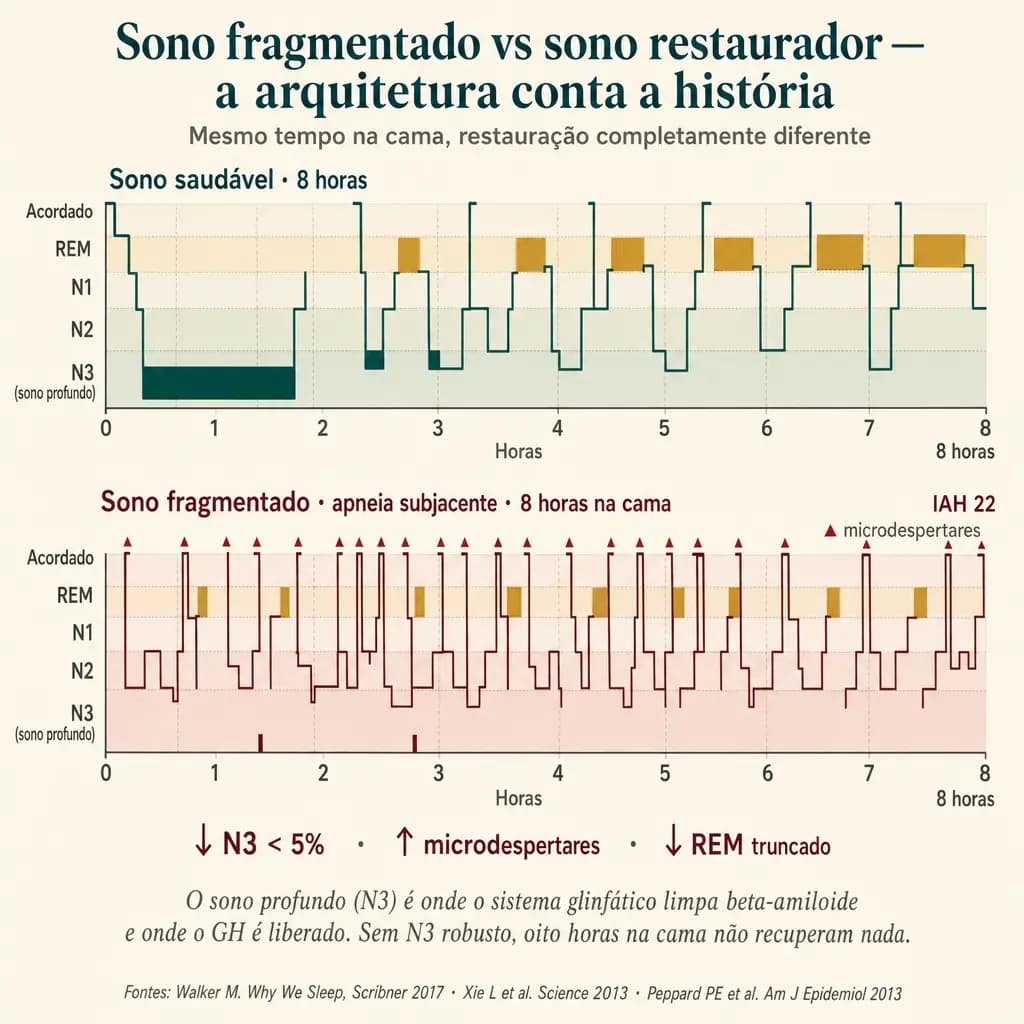 Comparação de hipnogramas: sono saudável (cima) com sono profundo N3 robusto nas primeiras 2 horas e ciclos REM crescentes na segunda metade. Sono fragmentado por apneia (baixo) com N3 reduzido a <5% do total, múltiplos microdespertares e REM truncado. O sono profundo é onde se libera o GH e onde, em modelos animais, se observa o pico de depuração glinfática cerebral.