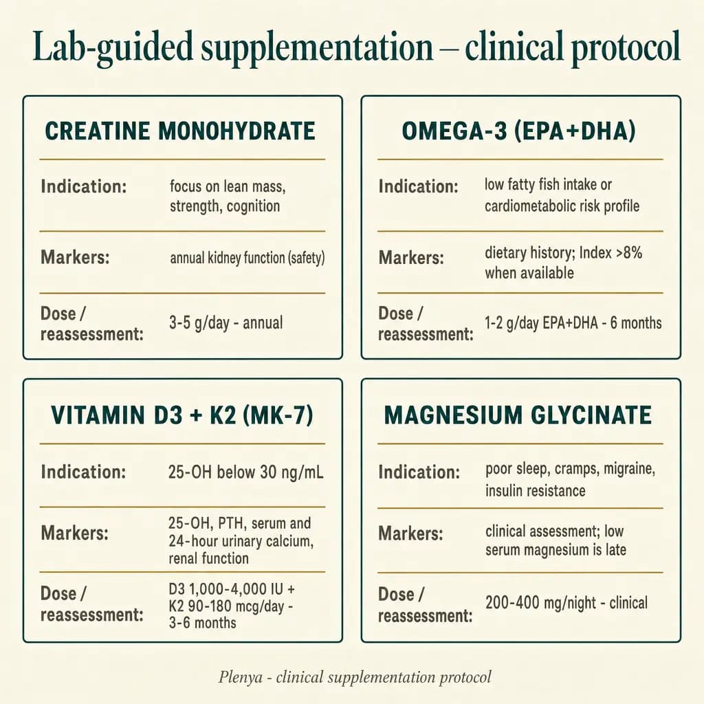 Clinical protocol for lab-guided supplementation in adults over 40: creatine monohydrate 3-5 g/day with annual kidney function control; omega-3 EPA+DHA 1-2 g/day in certified formulation, indicated by dietary history and Omega-3 Index when available, reassessment every 6 months; vitamin D3 1,000-4,000 IU with K2 (MK-7) 90-180 µg/day, dose adjusted by 25-OH + PTH + serum and urinary calcium + renal function, reassessment every 3-6 months; magnesium glycinate 200-400 mg/night, clinical indication by signs of deficiency (poor sleep, cramps, migraine, insulin resistance).