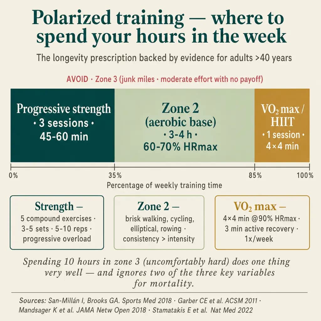 Polarized training distribution for longevity in adults >40: 35% progressive strength (3 sessions/week, compound patterns with overload), 50% Zone 2 aerobic base (3-4 h/week, 60-70% HRmax), 15% VO₂ max/HIIT (1 session/week, 4×4 min at 90% HRmax). AVOID Zone 3 ("junk miles", middle effort with no return). Each modality with a distinct physiologic function.