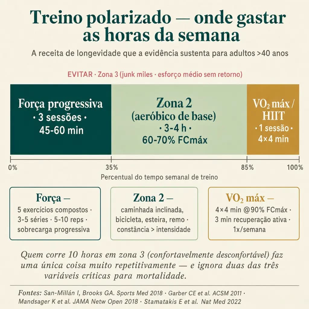 Distribuição polarizada do treino para longevidade em adultos >40: 35% força progressiva (3 sessões/sem, padrões compostos com sobrecarga), 50% Zona 2 aeróbica de base (3-4 h/sem, 60-70% FCmáx), 15% VO₂máx/HIIT (1 sessão/sem, 4×4 min a 90% FCmáx). EVITAR Zona 3 ("junk miles", esforço médio sem retorno). Cada modalidade com função fisiológica distinta.