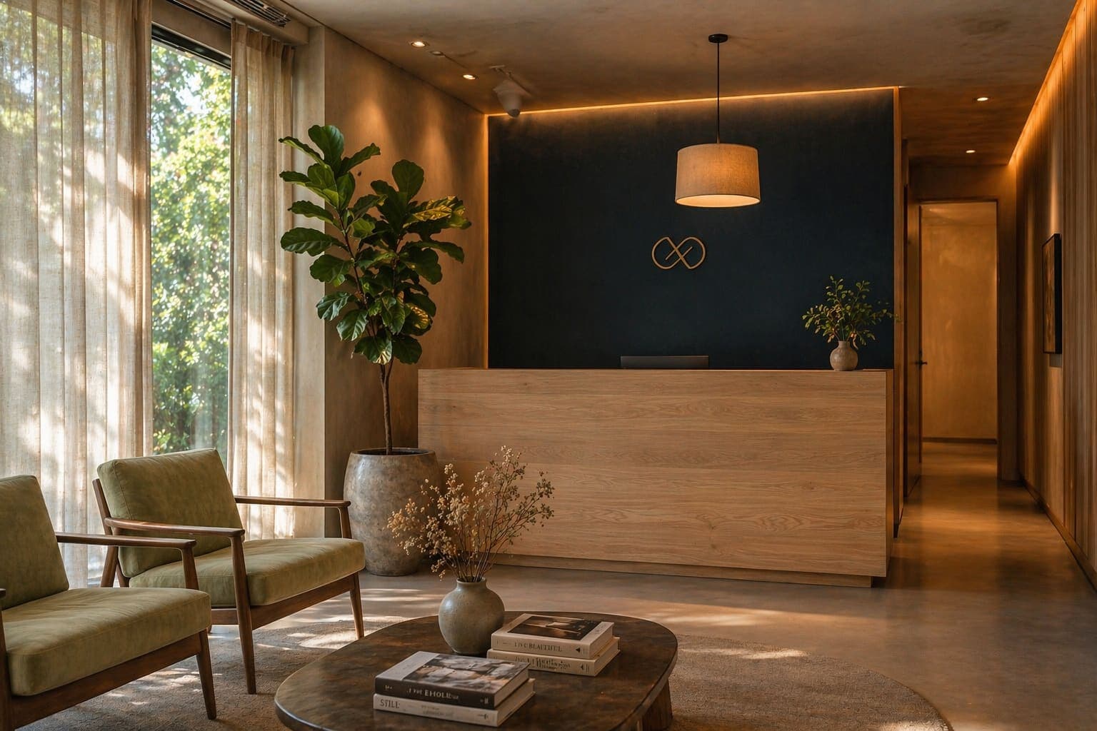 Render do interior da futura sede Plenya. Recepção e ambiente projetados para acolhimento e cuidado contínuo.
